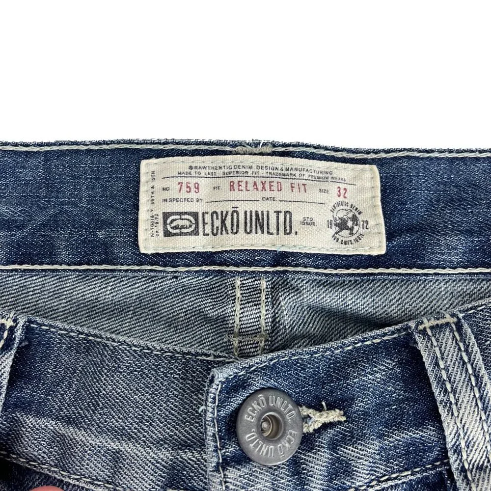 Ecko Unltd Shorts Denim Jean Distressed Shorts Y2K Baggy Skater Hip Hop Mens 32